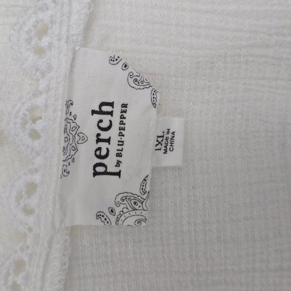 Perch by Blu Pepper White Lace Inset Gauze Short Sleeve Blouse 1X Boho Neutral - Picture 6 of 8